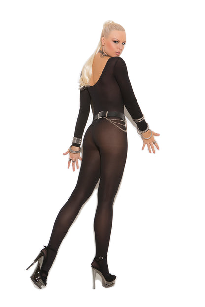 Opaque Long Sleeve Bodystocking with Open Crotch in Black, back view