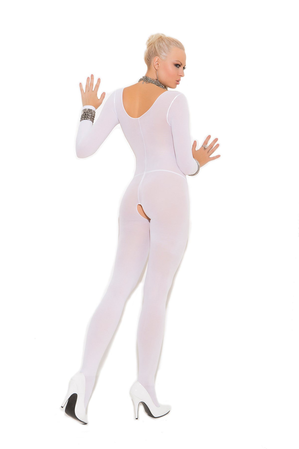Opaque Long Sleeve Bodystocking with Open Crotch in White, back view