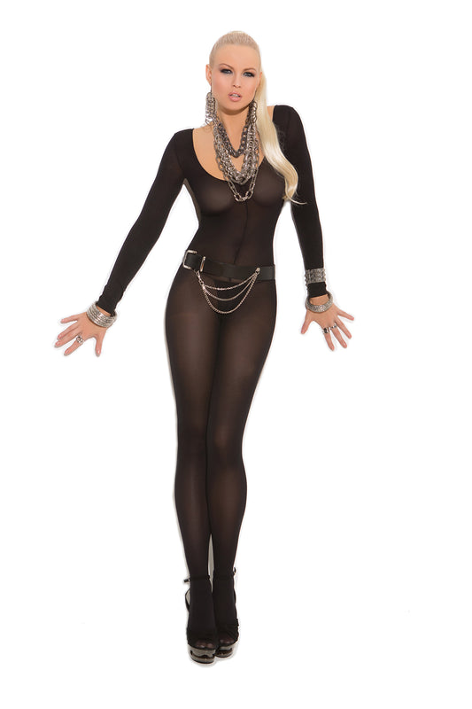 Opaque Long Sleeve Bodystocking with Open Crotch in Black, front view
