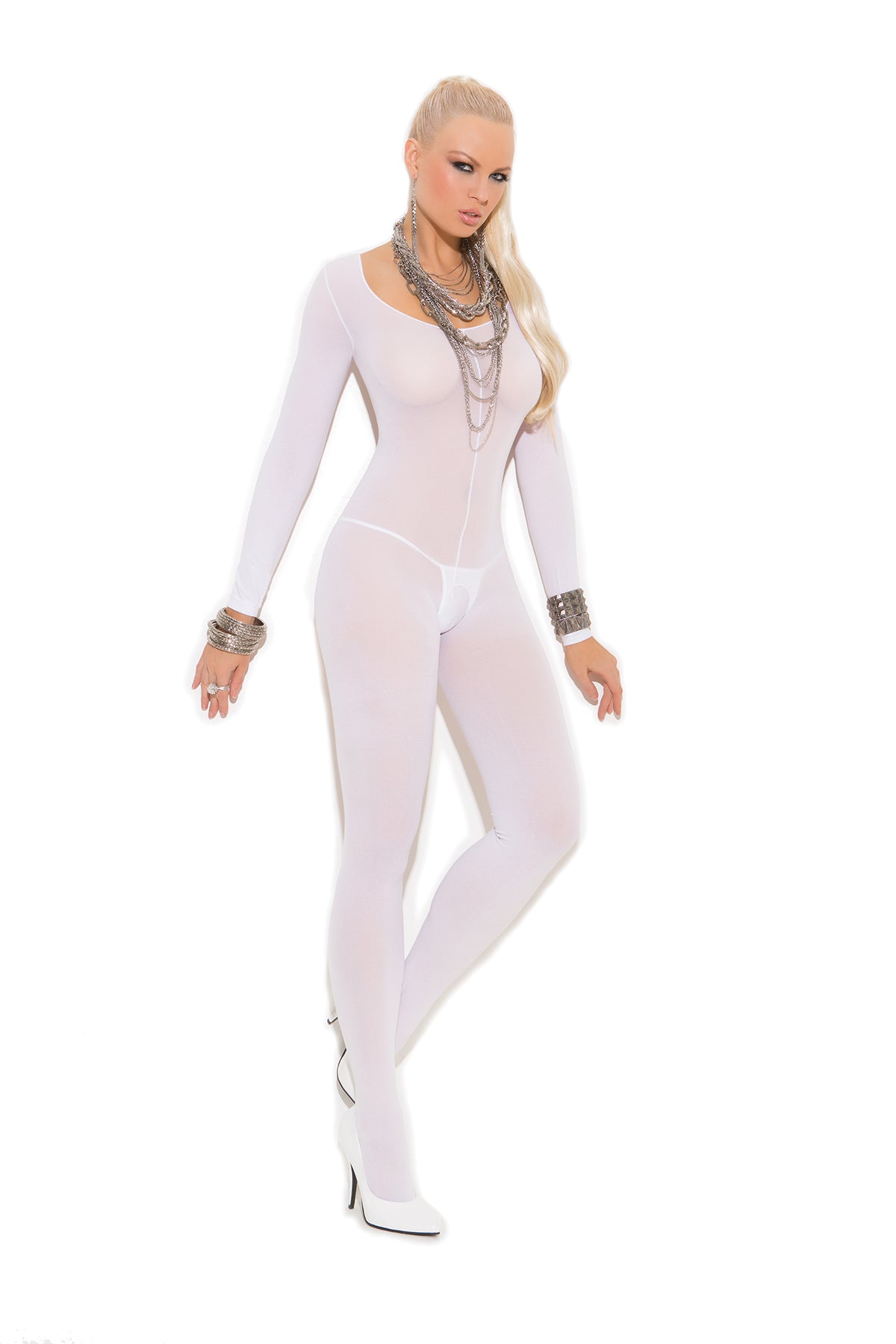 Opaque Long Sleeve Bodystocking with Open Crotch in White, front view