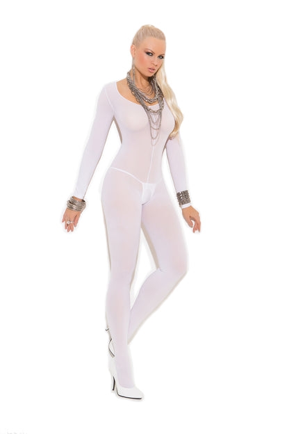 Opaque Long Sleeve Bodystocking with Open Crotch in White, front view