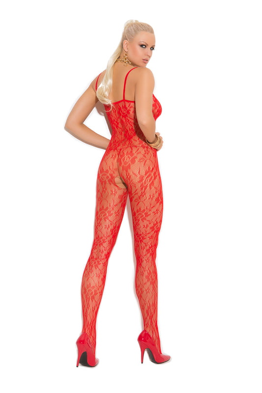 Rose Lace Bodystocking with Open Crotch in Red, back view