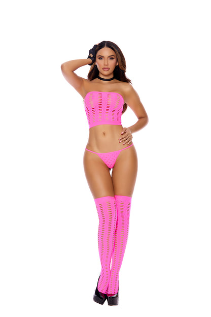Opaque Pothole Bandeau Top, G-String and Matching Stockings, front view