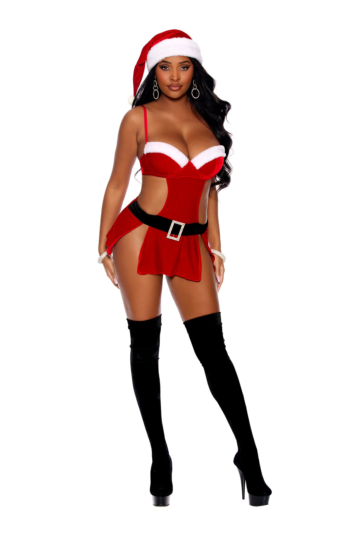Holiday Vixen 2 pc. velvet costume in red and white, front view